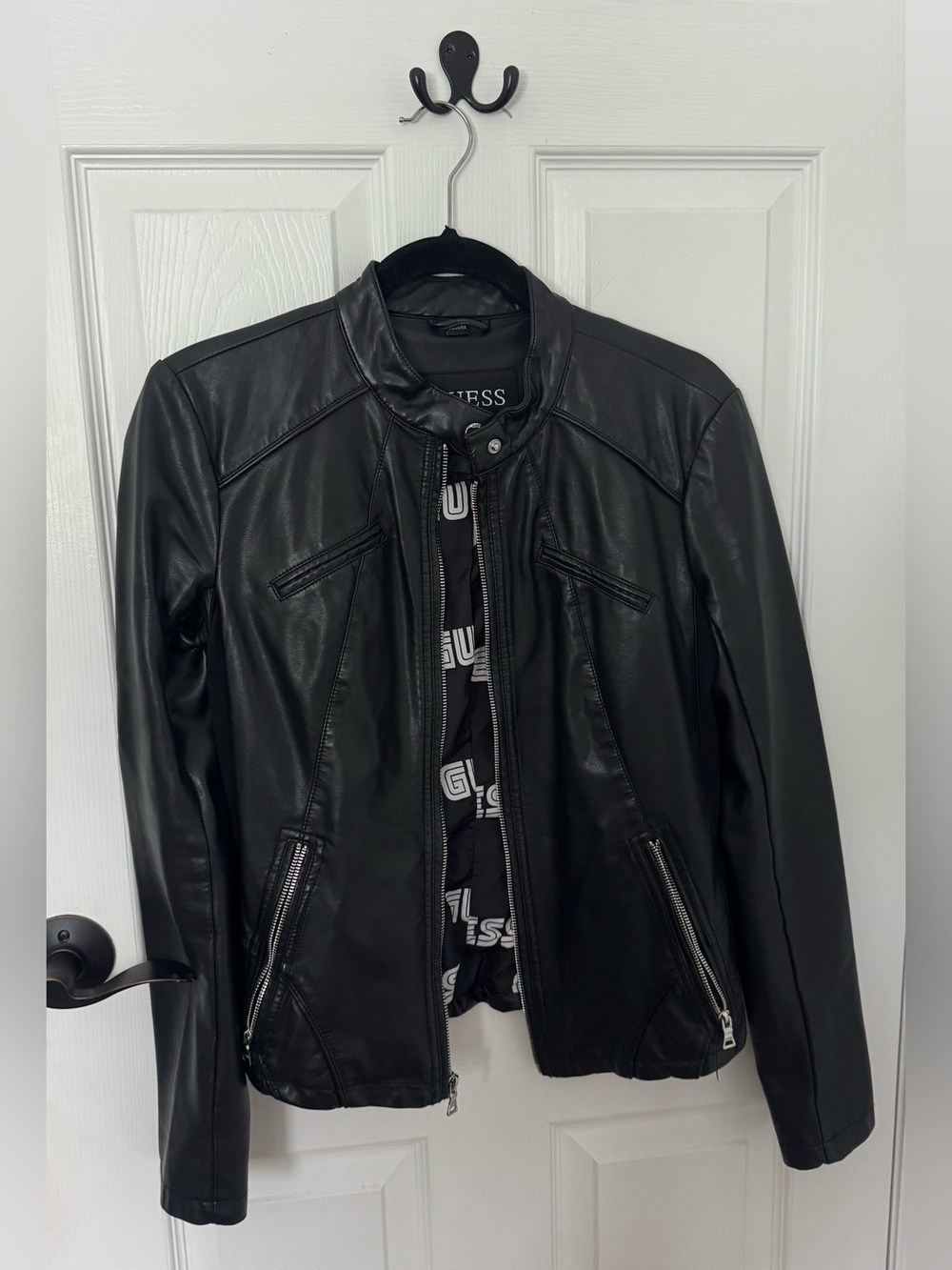 GUESS Black Faux Leather Bomber Jacket